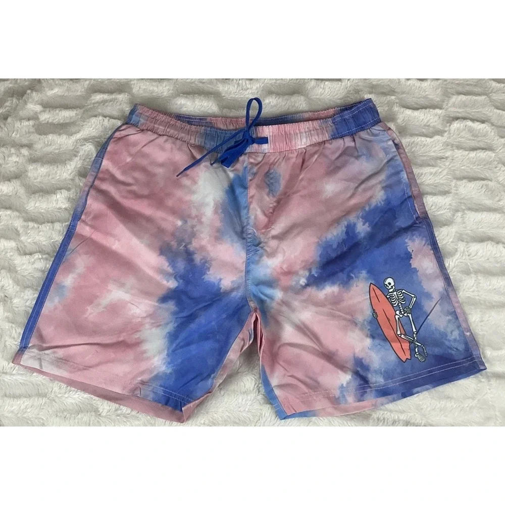 Chemistry Mens Large Tie Dye Pink Blue Skeleton Surfer Board Shorts Beach Wear